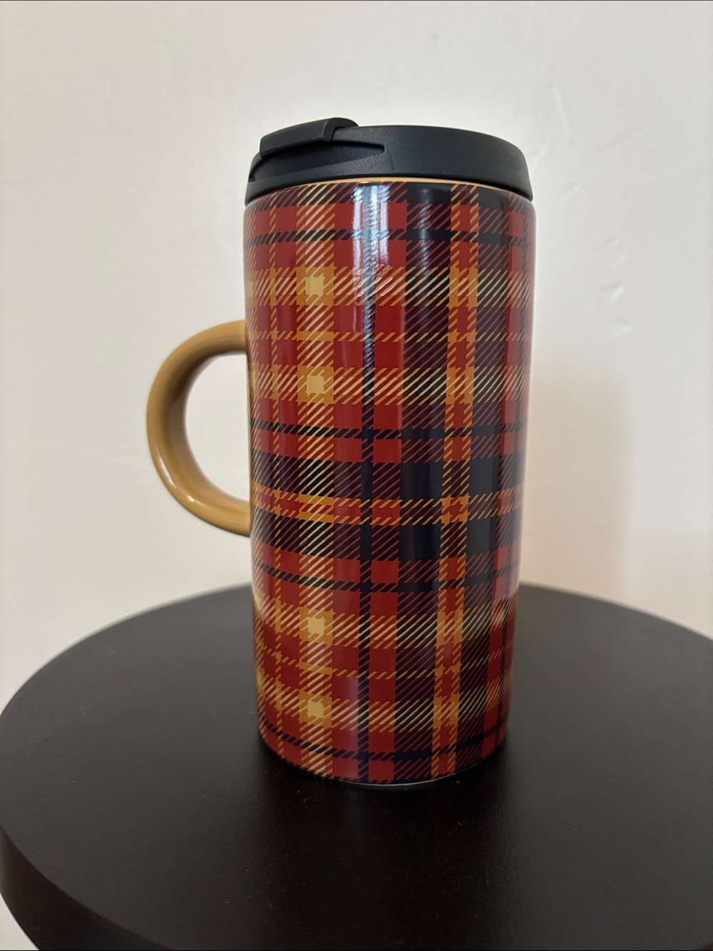 Plaid Travel Mug with Mustard Handle